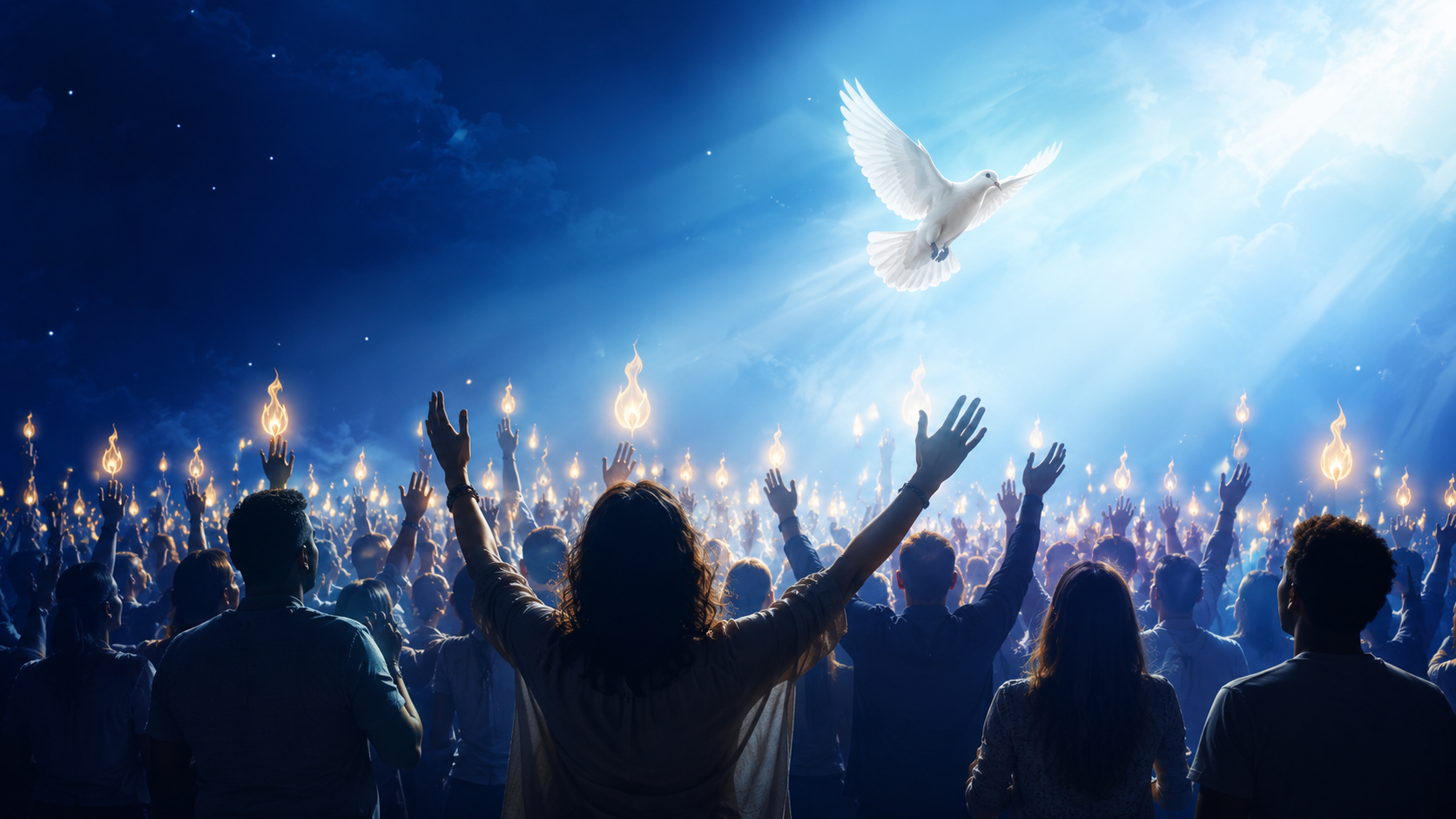 Worship with raised hands under a descending dove